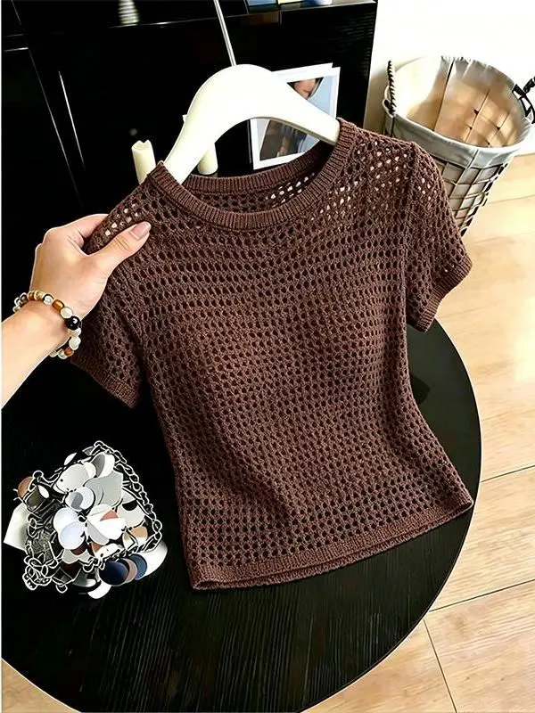 Fashionable Breathable Skin-friendly Hollow Knitted Short Sleeve Retro Design Summer New Style Women's T-shirt Individuality
