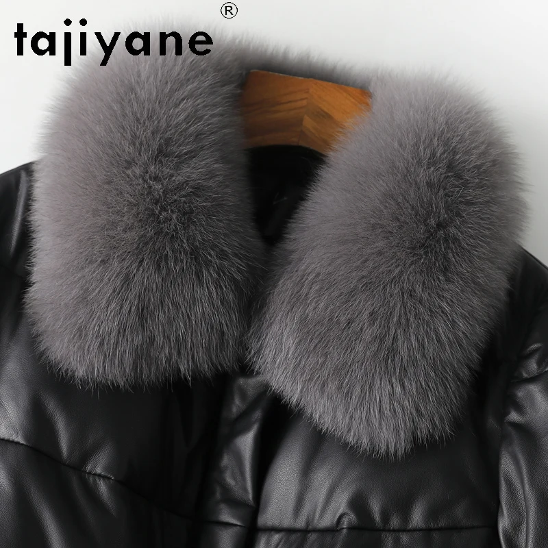 TAJIYANE 100% Skóra Owcza Najwyższej Jakości Kurtka Puchowa Damska Krótka Skórzana Kurtka z Kołnierzem z Futra Lisa Odzież Zimowa 2025