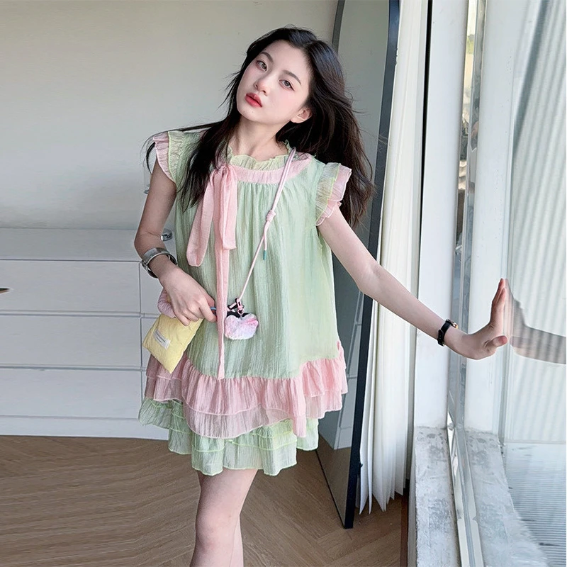 Girls Clothes Summer Kids Fashion Small Fly-sleeved Tops + Short Skirt 2Pcs Sets Bow Teenager Children Clothing Suit