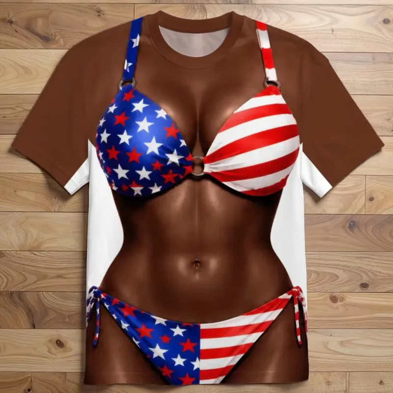 Men Women Couple Patriotic USA Flag 3D Print T Shirts Fake Pack Abs Bikini Graphic Tees 4th July Independence Day BBQ Funny TOP