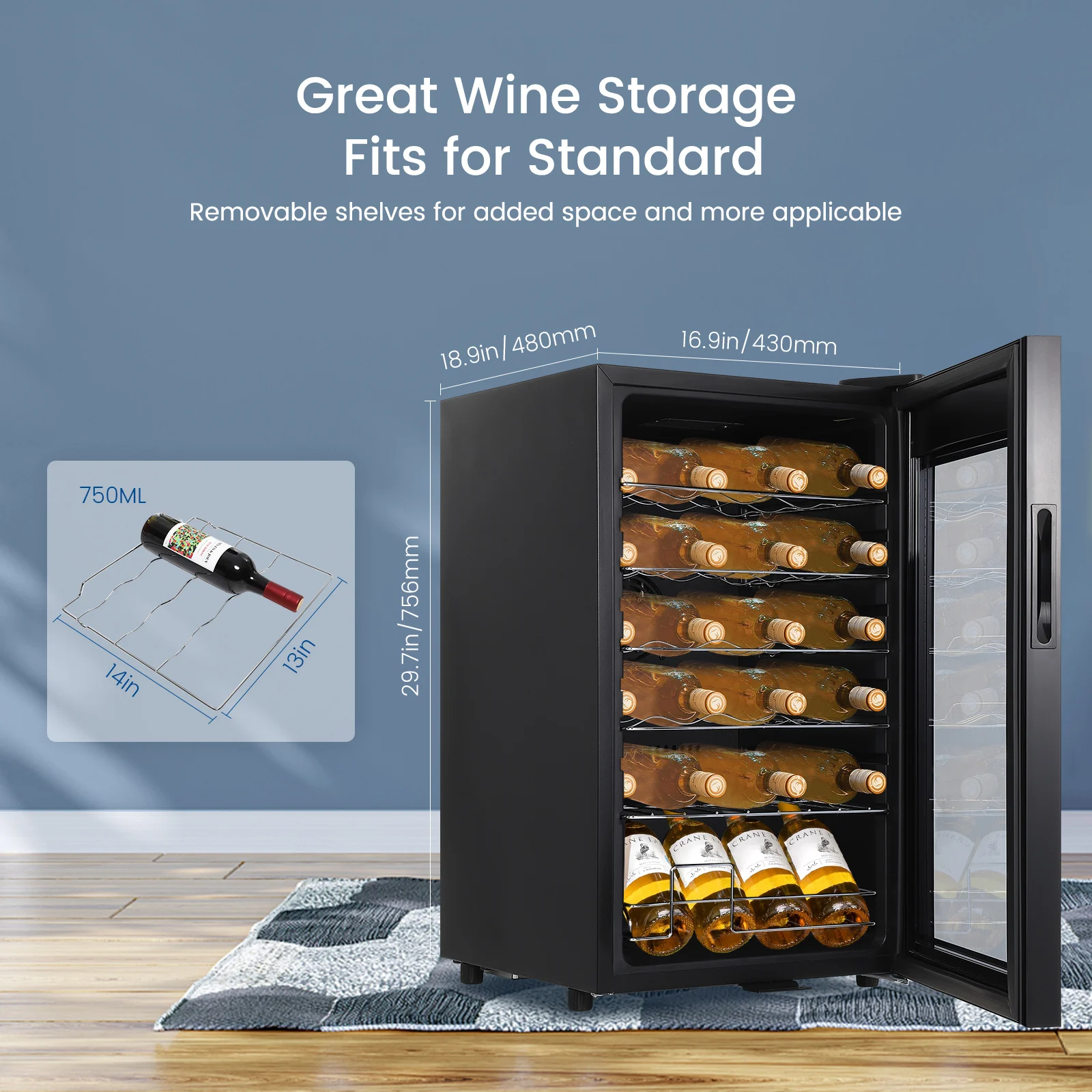 Wine Cooler Refrigerator 24 Bottles Compressor Freestanding Beverage Wine Fride for Red, White, Champagne or Sparkling Wine