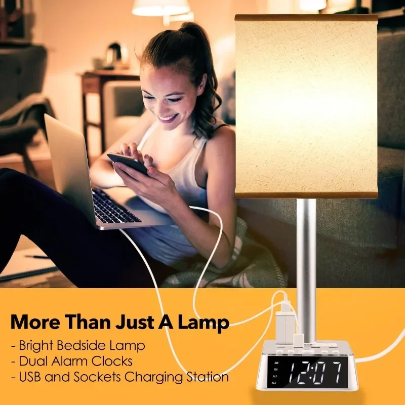 Yostyle Table Lamp Bedside Lamp with 4 USB Ports and AC Power Outlets, Alarm Clock Base w/ 5Ft Extension Cord