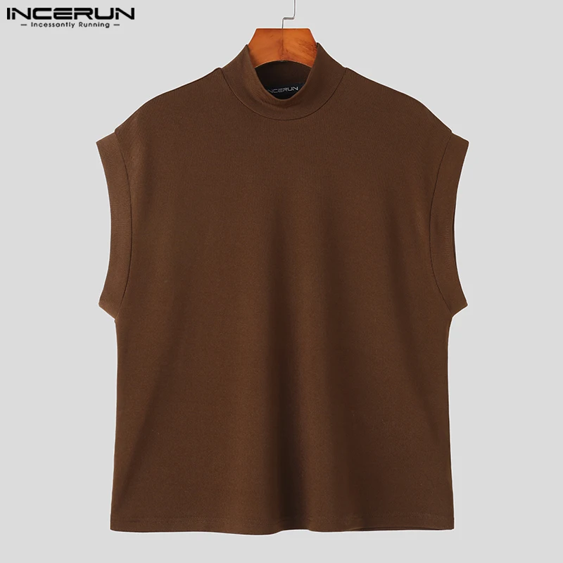 INCERUN Men Tank Tops 2023 Turtleneck Sleeveless Loose Fashion Men Clothing Streetwear Solid Korean Style Casual Vests S-5XL