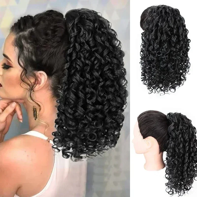 14inch Short Afro Kinky Curly Drawstring Ponytail Hair Extensions Synthetic Fluffy Wavy Clip in Ponytail Hairpiece for Women