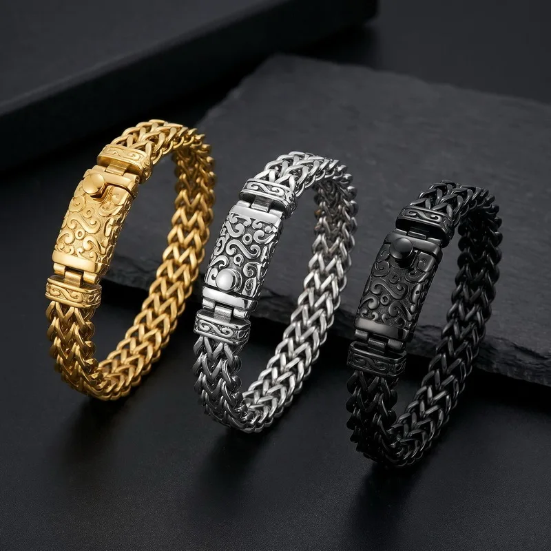 Minimalist Mens Stainless Steel Double Franco Link Chain Bracelet Sturdy Clasp For Friend Gifts 12mm 8.26inch silver gold black