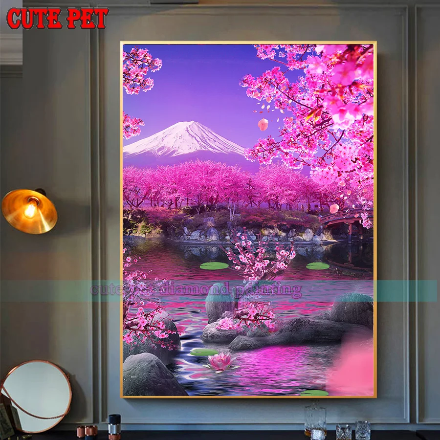 Full Square Drill 5D DIY Diamond PaintingMount Fuji cherry treeEmbroidery handicraft Cross Stitch rhinestone Lake reef Decor