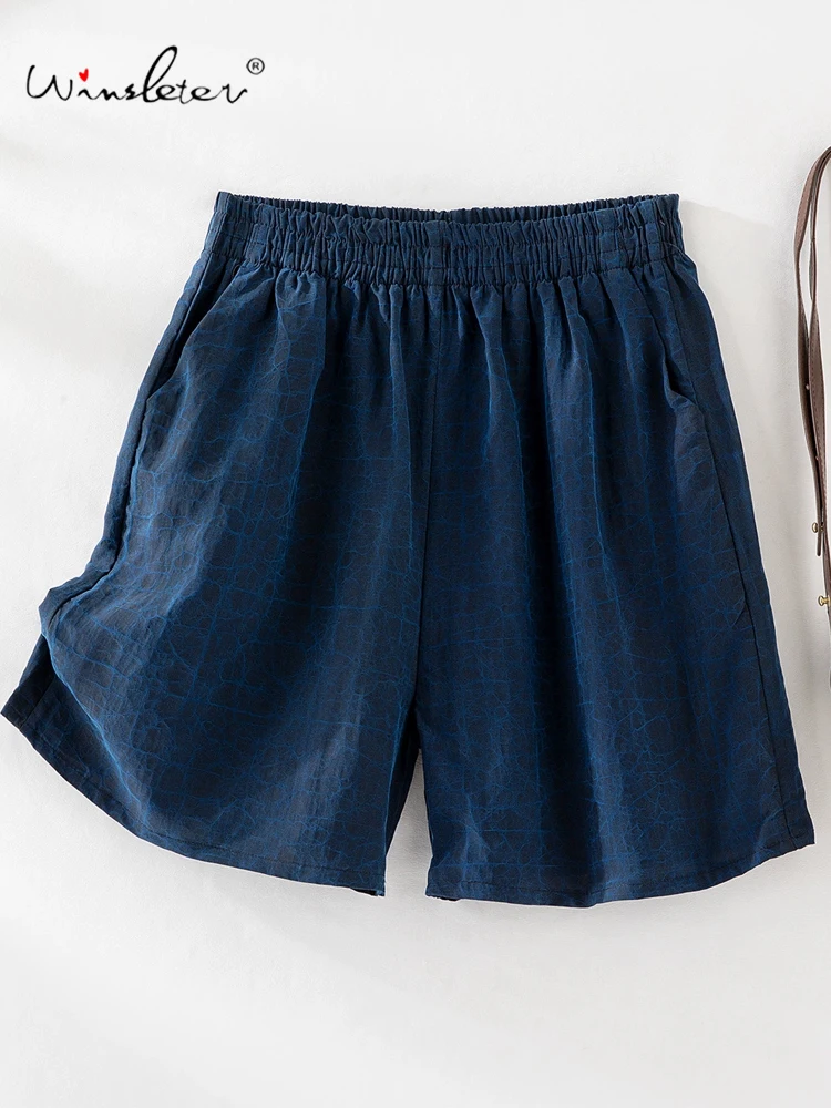 Winsleter-Women 100%Real Silk Watered Gauze Elegant Shorts, Elastic Waist Craquelure, Vintage Casual Pants, 2025 Autumn B58675CC