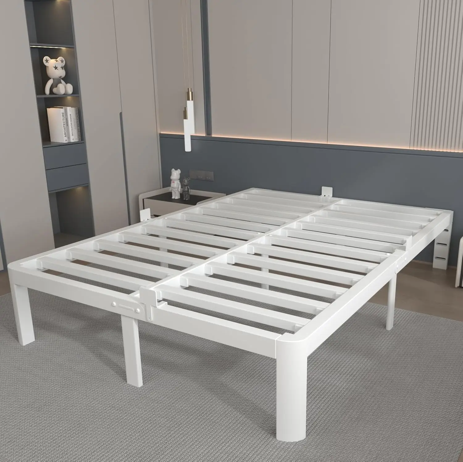 

12 Inch White Full Size Bed Frame with Baffles, Heavy Duty Steel Platform, Storage Space, Noiseless