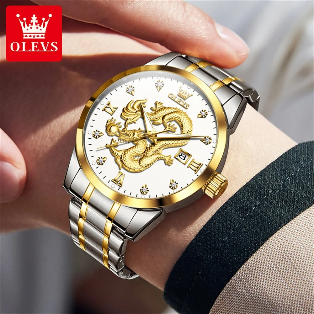 OLEVS-reloj de cuarzo con correa de acero inoxidable para hombre, cronógrafo de lujo, resistente al agua, con diseño de dragón, Original, novedad