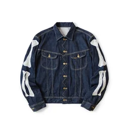 24SS KAPITAL Hirata Hiroshi Japanese Dark Blue Denim Lapel Bone Embroidery Loose Jacket New High Quality Men Coats