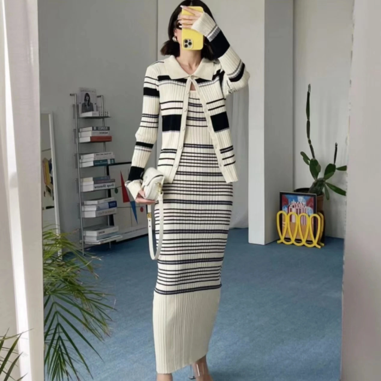 New Knitted Striped Dress Set Women Long Sleeve Cardigan + Long Sling Bodycon Dresses Two Piece Sets Womens Outfits Knitted Suit