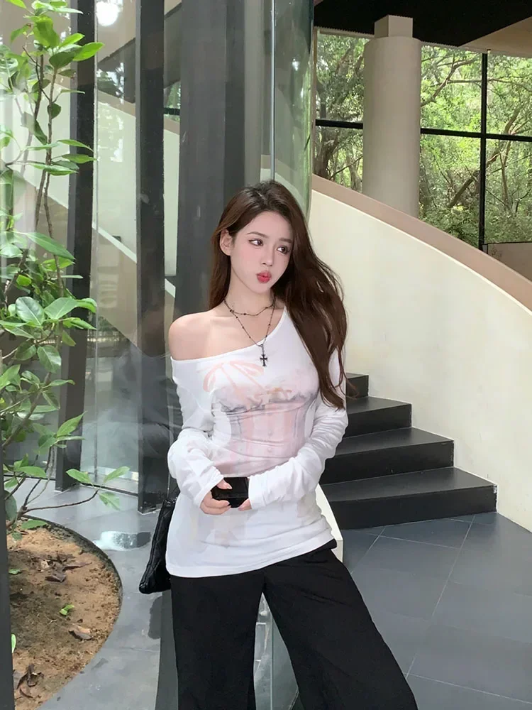 Korean Fashion High Quality White Skew Collar T-Shirts Women Thin Sexy Slim Print Tops Summer High Street Gyaru Long Sleeve Tees