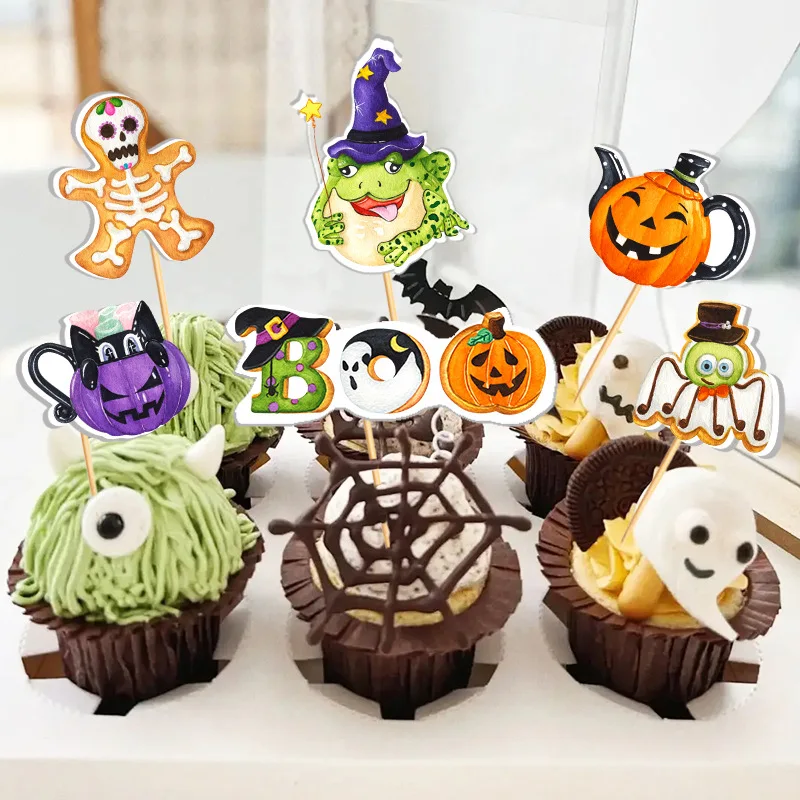 16pcs Halloween Cupcake Toppers Pumpkin Ghost Cake Flags Dessert Cake Decorations Halloween Birthday Horror Party Supplies