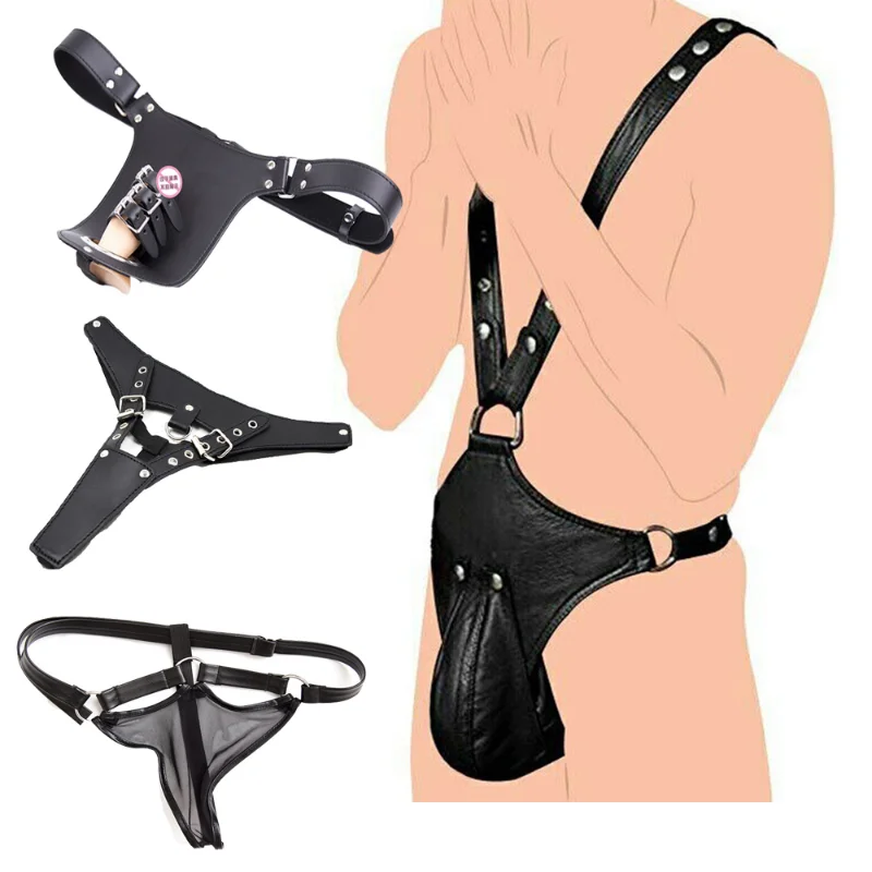 Erotic Underwear Thong PU Leather Male Chastity Panties Cock Penis Sleeve Ring Harness Straps BDSM Restraint Belt for Men