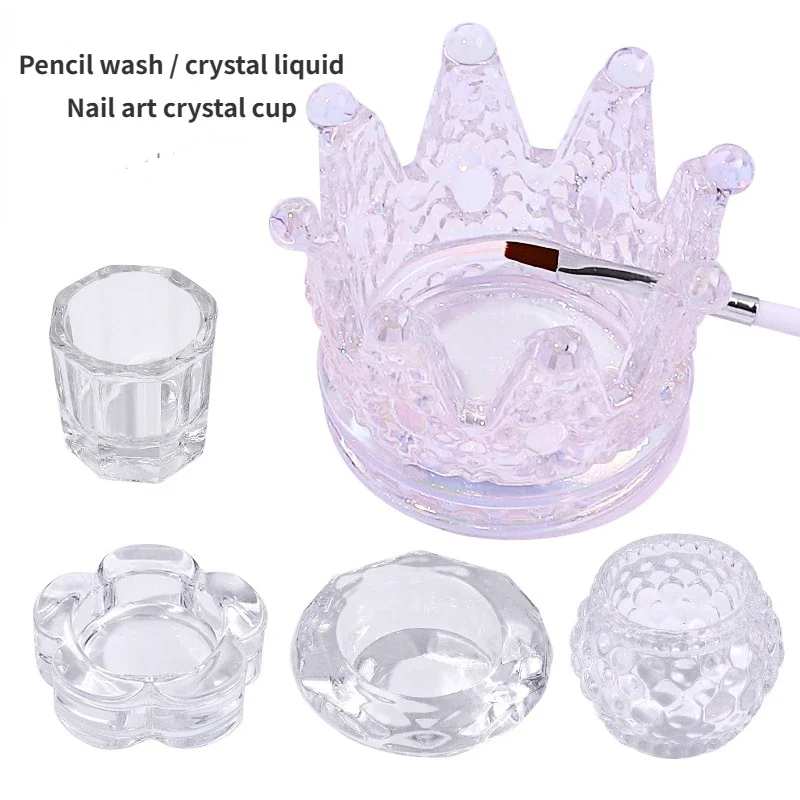 Nail Crystal Cups Pen Wash Water High Transparent Octagonal Illusion Glass Crystal Nail Crystal Liquid Cups Crown Cup