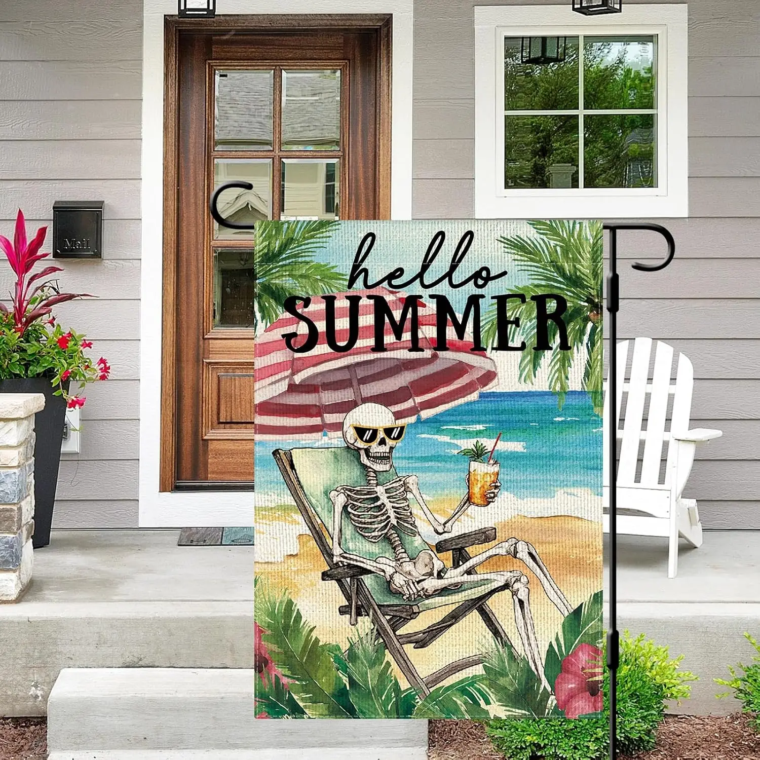 DLZDN Summer Skeleton Garden Flag 12×18 Inch Double Side Vertical Burlap Beach Coastal Farmhouse Yard Sign Seasonal Outdoor  AAS