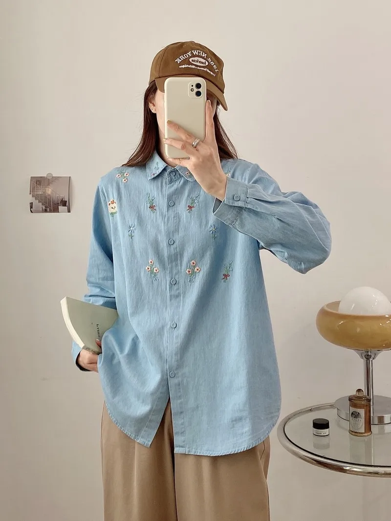 Harajuku fashion cotton denim shirts blouses long sleeve tops women\'s cats embroidered shirts pretty blouses woman jean shirts