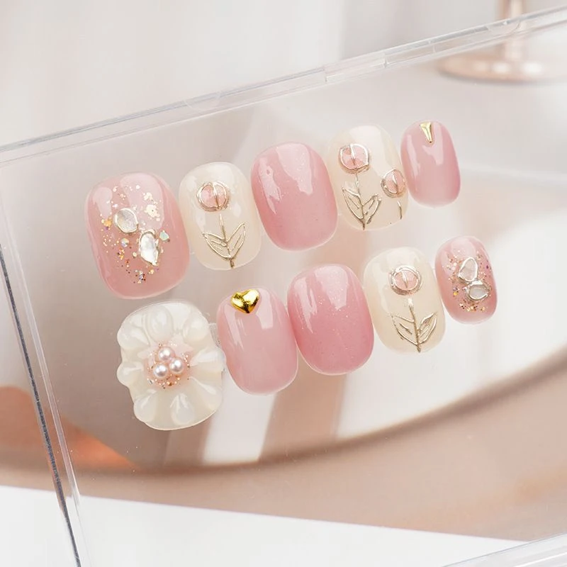 

10pcs Blue Pink Handmade Press on Nails with Flower Short Ballerina Fake Nails Reusable Manicure Artistic Full Cover Finger Tips