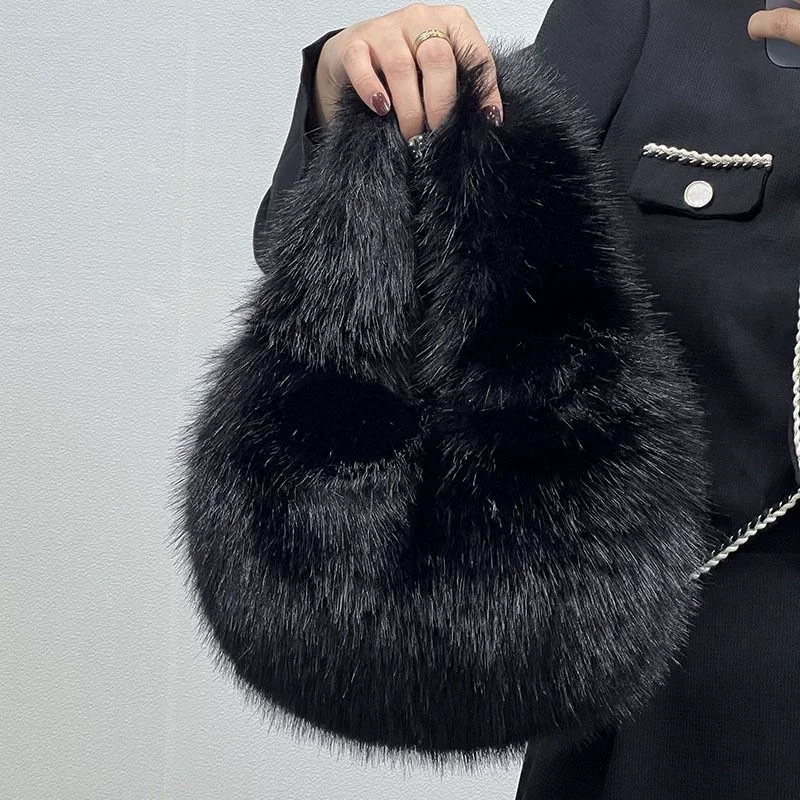 Soft Plush Hobos Bag Women Fluffy Faux Fur Top Handle Handbag Designer Style Winter Tote Cozy Warm Zipper Small Purse Luxury