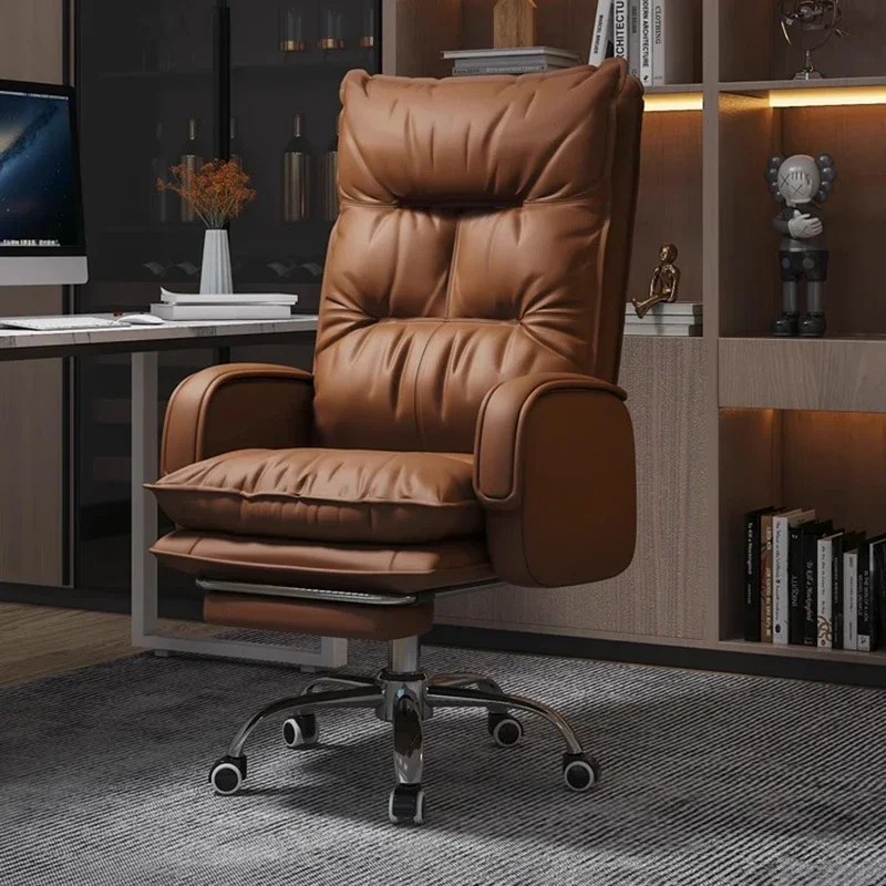 Leather Office Chair Luxury Lumbar Back Support Boss Elastic Metal Frame Legs Office Chair Bedroom Modern Cadeira Home Furniture