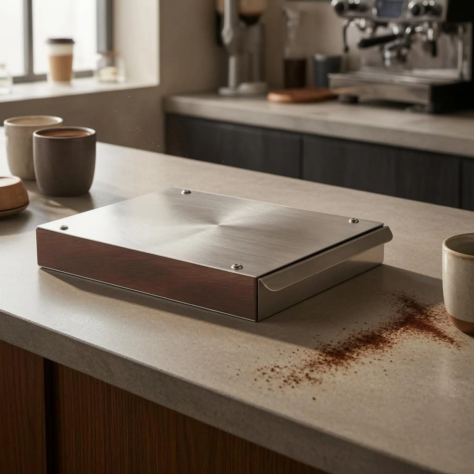 Drawer Coffee Knock Box Visible Corner Fasteners Walnut Wood Knock Box Coffee Grounds Bin Metropolitan Minimalism Espresso Dump view 4