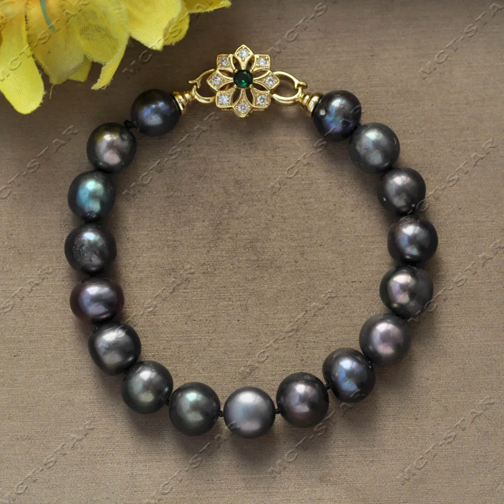 MTCSTAR  8" 11mm Peacock-Black Round Freshwater Pearl Bracelet (Z14521)