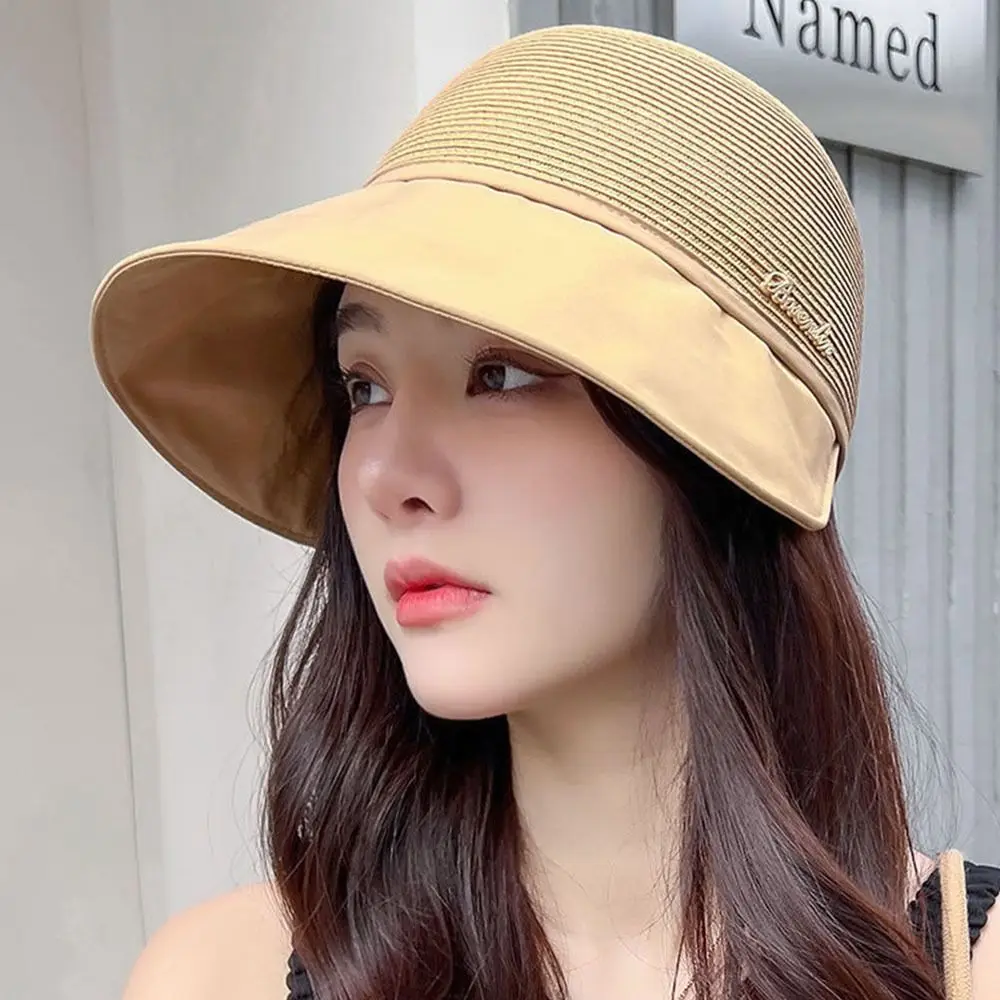 Spring and Summer Bucket Hat Stitching Temperament Sunscreen Straw Sunshade Peaked Cap Breathable Foldable Korean Women's Hats