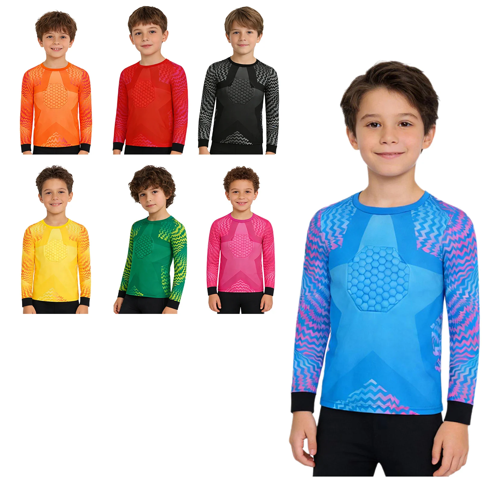 

Kids Boys Padded Goalkeeper Jersey Long Sleeve Goalie T-shirt Quick-Drying Athletic Tops for Basketball Football Training Races