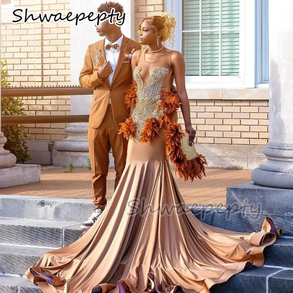 

Luxury Crystal Beaded Mermaid Prom Dress Black Girl Silver Beads African Brown Feather Birthday Party Gown Customized
