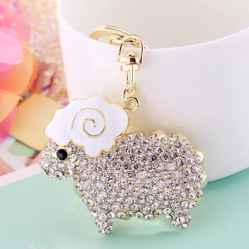 Cute White Rhinestones Sheep Keychain Keyring High End Metal Zinc Alloy Women Children Bag Key Charm Accessories Pendant Gift