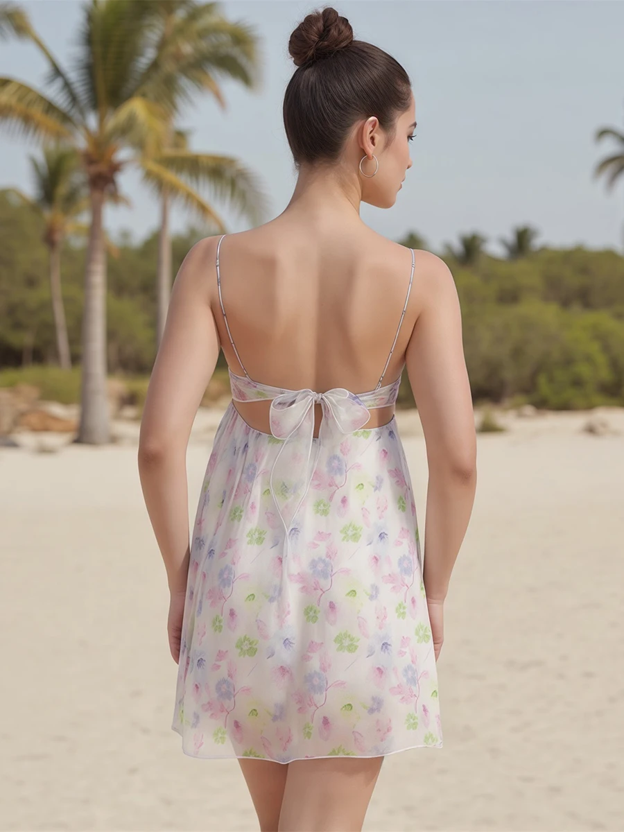 New Fashion Womens Summer Mini Cami Dress Sleeveless Open Back Solid Color Floral Spaghetti Strap Dress Hot Sale S M L