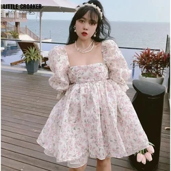 여성용 플로럴 프린트 쉬폰 오간자 드레스, 섹시한 스퀘어넥, 퍼프 슬리브, 홀리데이 파티 드레스, 짧은 드레스, 양면 착용, 여름