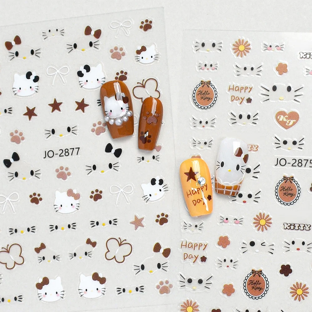 Autocollants pour ongles dessin animé 3D Hello Kitty, 1 pièce, Kawaii KT, nœud de chat, cœur, fleur, décalcomanies adhésives, visage de chat, fraises, curseurs de manucure
