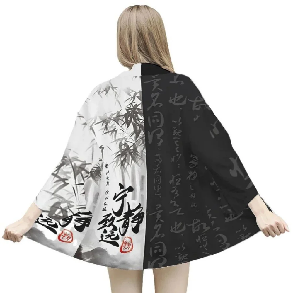 

Черно-белое кимоно, топы самурая для косплея, модный повседневный кардиган, костюм юката, японская уличная одежда, традиционная одежда