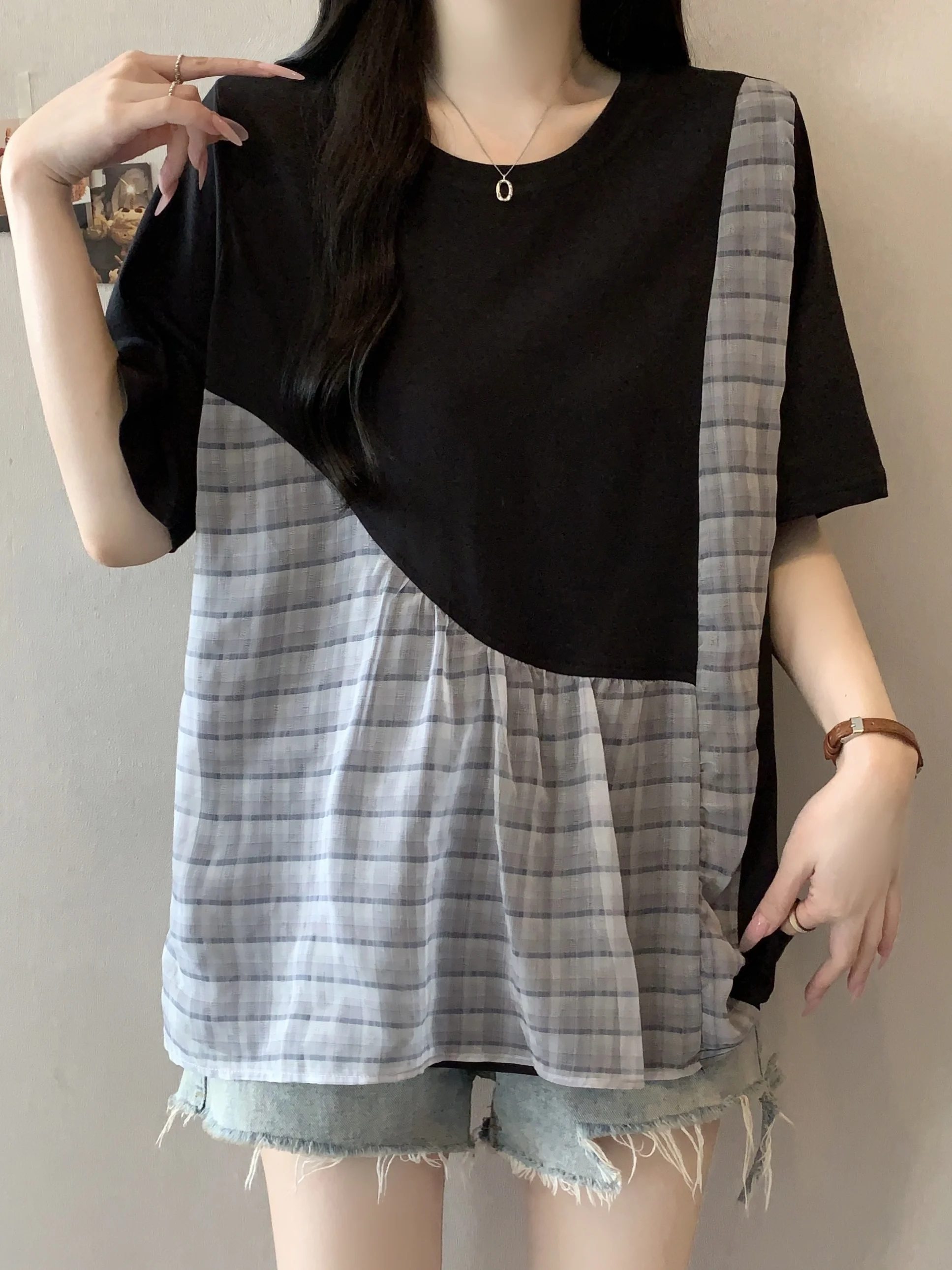 Slimming Striped Patchwork Short Sleeve T-Shirt Women's Summer plus Size Loose Belly Covering Base Shirt Comfortable Knitted Top