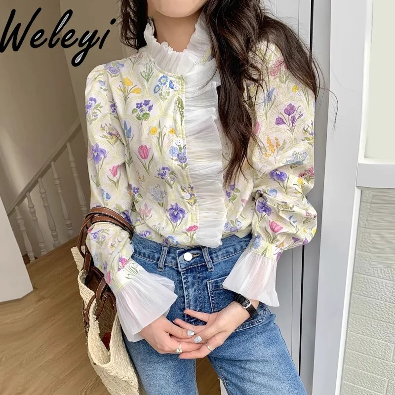 

South Korea Chic Shirt Top Summer French Romantic Blusa Turtleneck Patchwork Ruffled Color Printing Bell Sleeve Camisas E Blusas