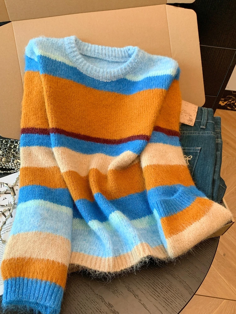 

Korean style color blocking striped round neck sweater women's autumn and winter new fashion casual loose knit top