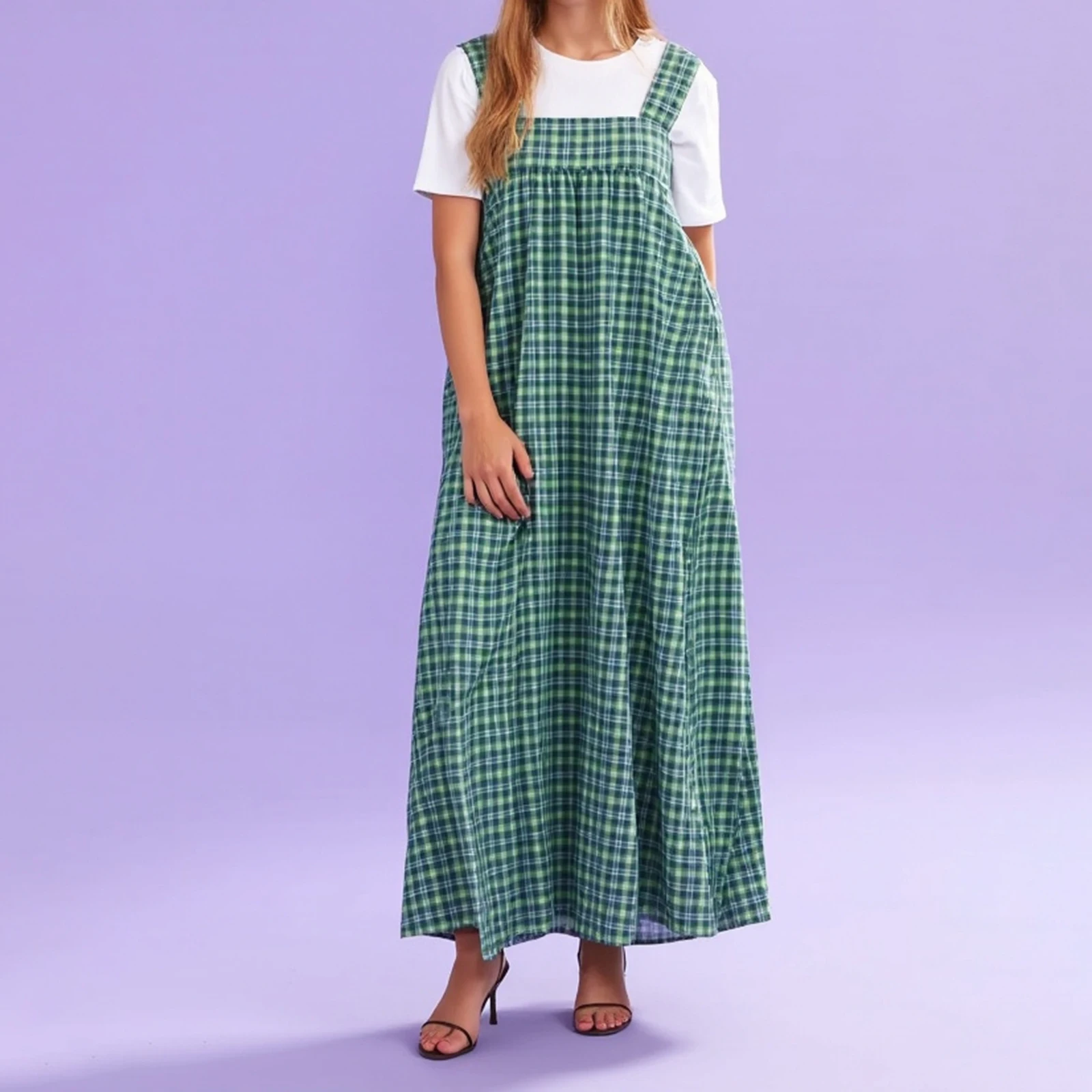 Vestido largo de verano para mujer, sin mangas, cuello cuadrado, tirantes anchos, vestido a cuadros