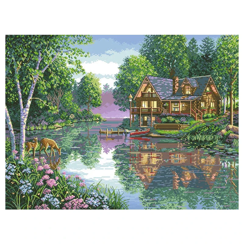 Amishop Top Quality Special Beautiful Lovely Counted Cross Stitch Kit Water Lake House Home Cottage Dimensions 35183