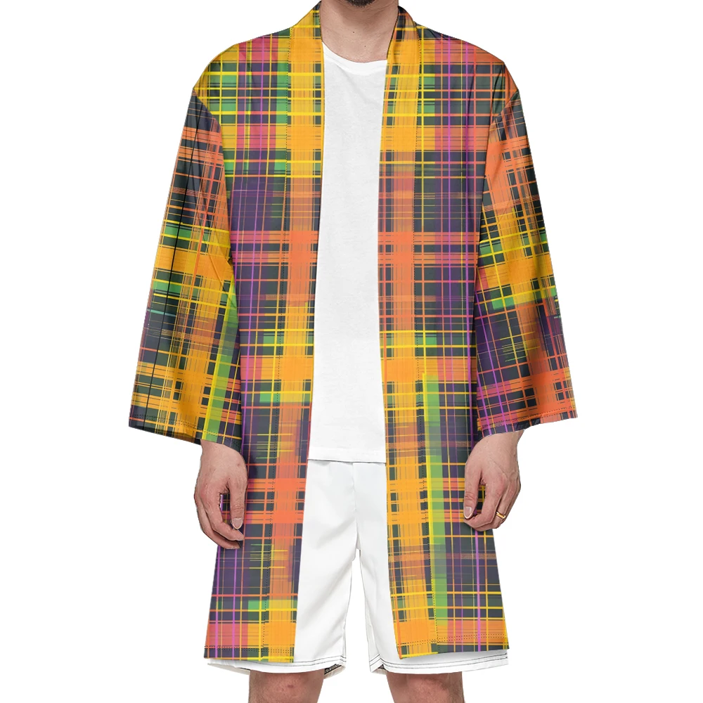 Autumn Samurai Kimono Cosplay Japanese Fashion Stylish Haori Cool Kimono Men Plaid Cardigan Halloween Robe Yukata Elegant