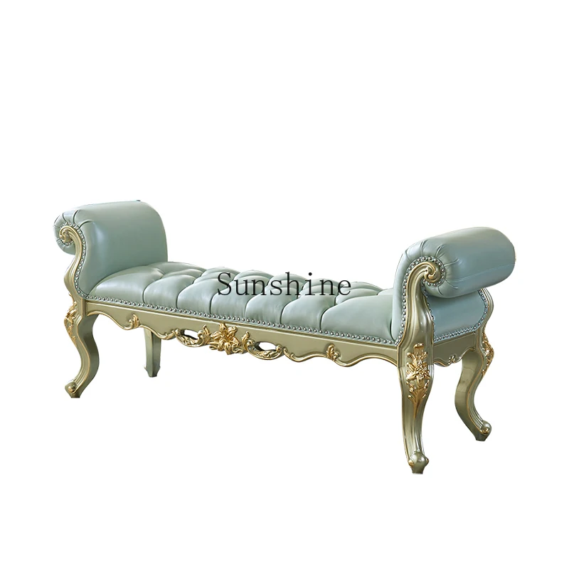 

European style stool solid wood carving flower luxury bed combination bedroom chaise longue