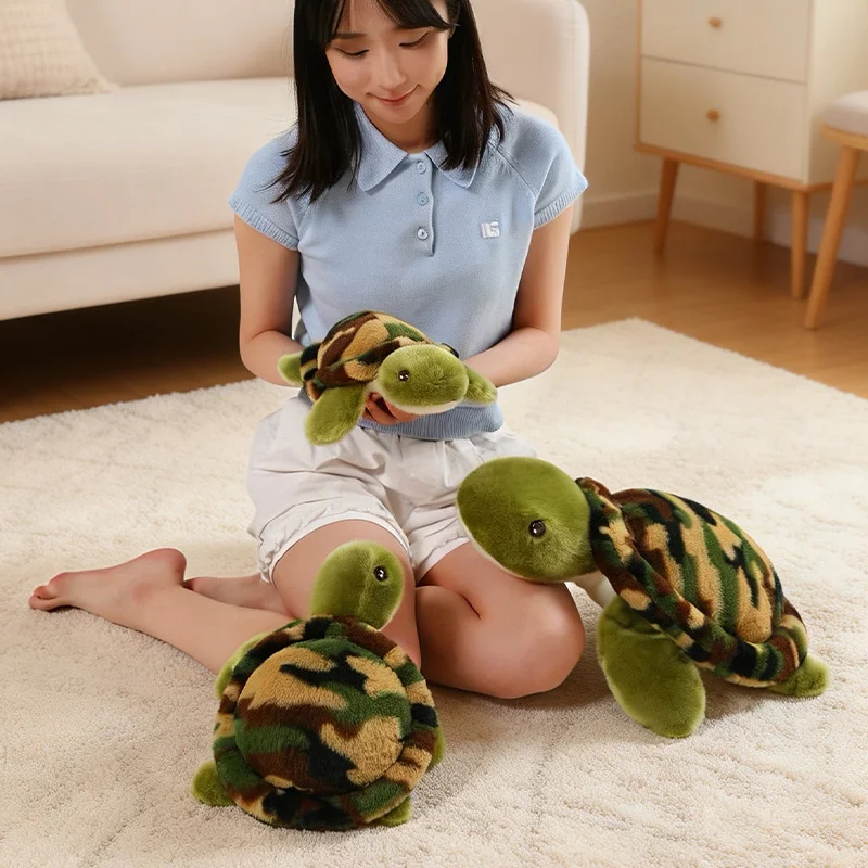 Soft Tortoise Plush Doll Camouflage Turtle Shell Design Green Head Sea Animal Stuffed Toy Fluffy Ornament For Daily Home Decor