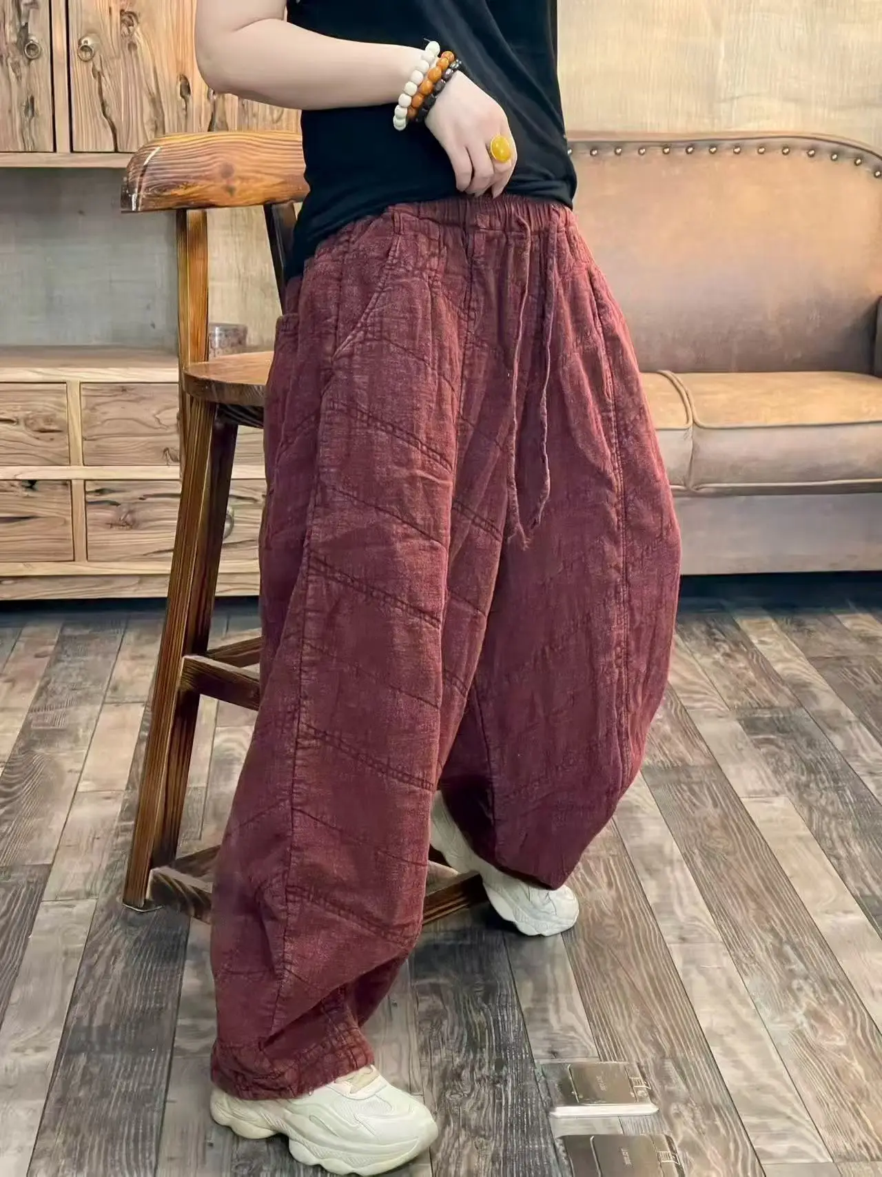 

FF Retro Linen Double Layered Loose Cotton Warm Casual Pants High Waist Elastic Hem Ladies Autumn Winter Comfortable Long Tro...