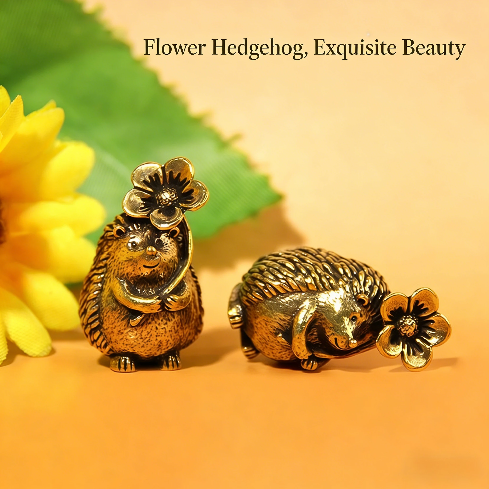 Collectible Figurines,Brass Hedgehog Statue with Leaf And Flower