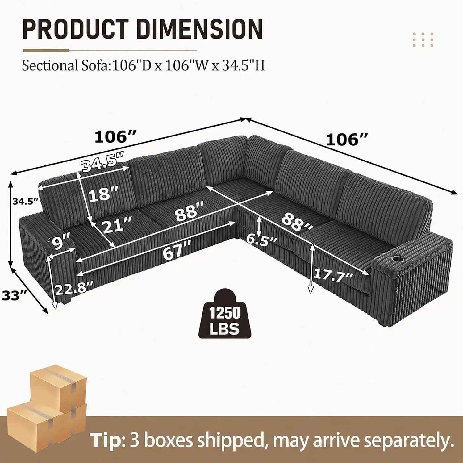 106'' Oversized Sectional Sofa Couch, Plush Corduroy V-Shaped Corner Couch with USB Charger, Armrest Storage and, Customized