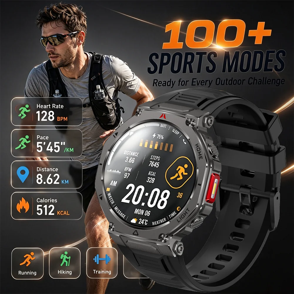 2026 Military 1000 Mah battery smartwatch, men's outdoor flashlight, IP68 waterproof,100+sports，Bluetooth call, fitness band