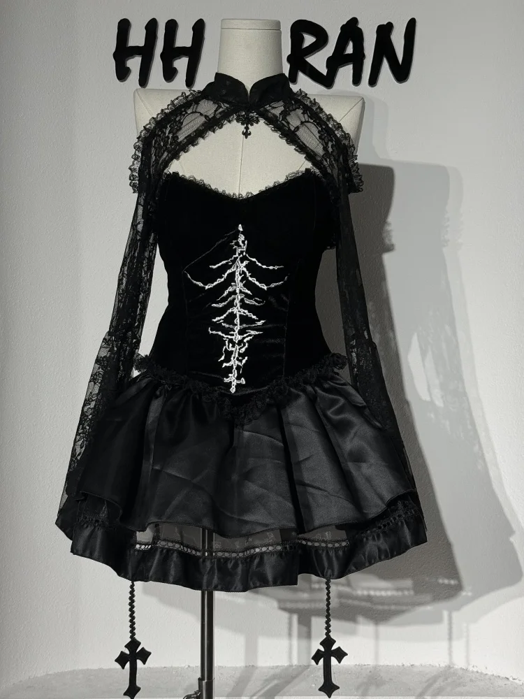 Gotisches Skelett-Cosplay-Kostüm für Damen, schulterfreies Kleid mit Spitze und ausgestellten Ärmeln, kurzes Kleid für Halloween, Nachtclub, Karneval, Rollenspiel-Outfit – Detail 15