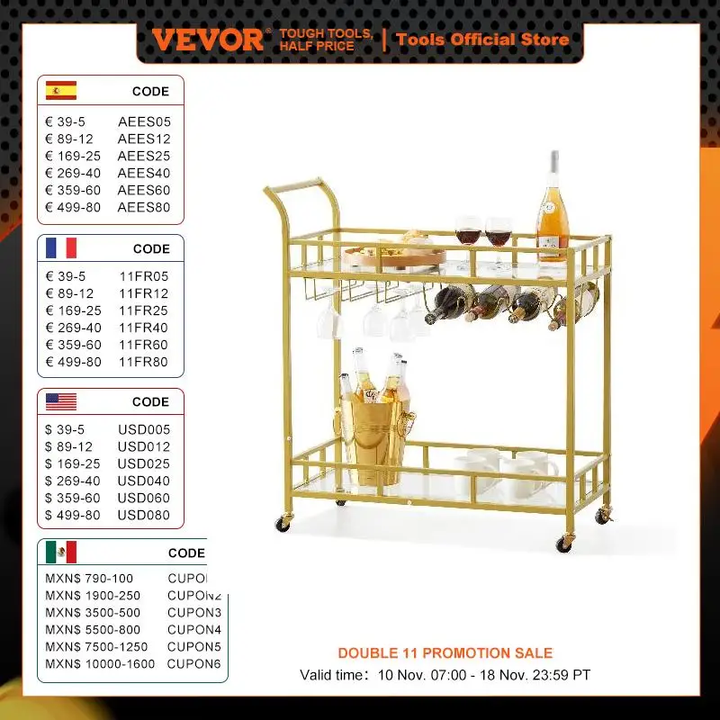 

VEVOR Metal Bar Serving Cart Golden Steel Rolling Trolley On Lockable Wheels Mobile Utility with Wine Rack Tempered Glass Holder