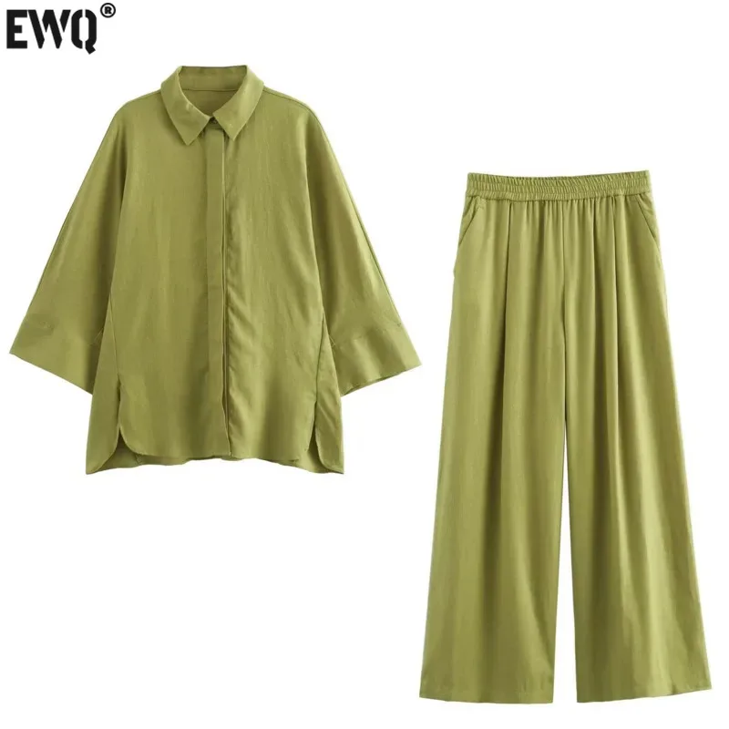 

[EWQ] Simple Linen Shirt Long Sleeved Women's Top+high Waisted Comfortable Casual Women's Pants Green Khaki Clothing GZ381