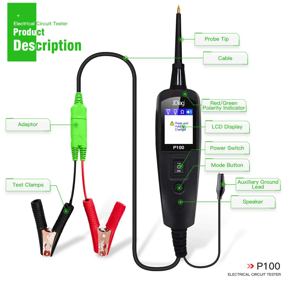 JDiag P100 2M/10M Circuit Tester OBD Power Scan Probe Kit 12V 24V Voltage/Resistant For Car Truck Motorcycle Diagnostic Tool